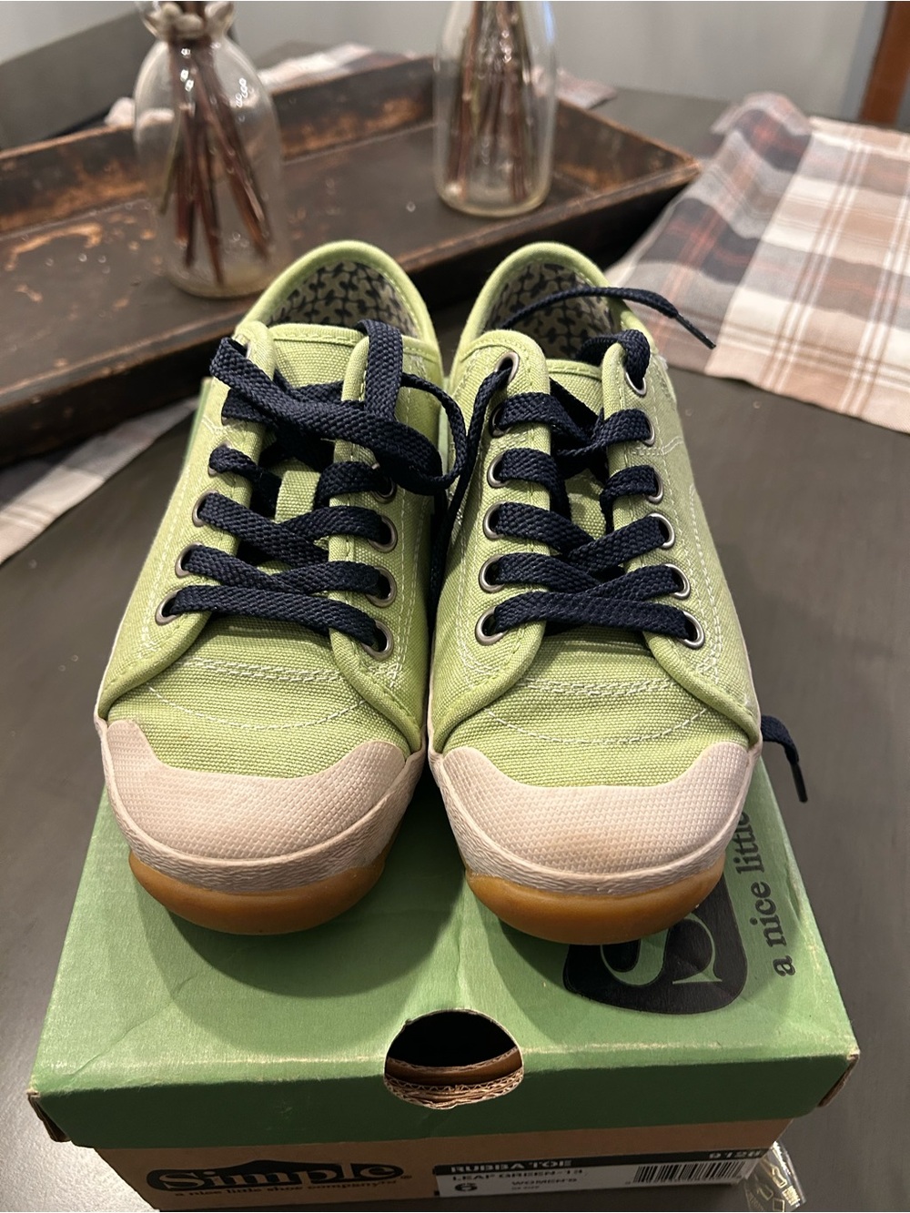 Simple Green Canvas Sneakers with Navy Laces